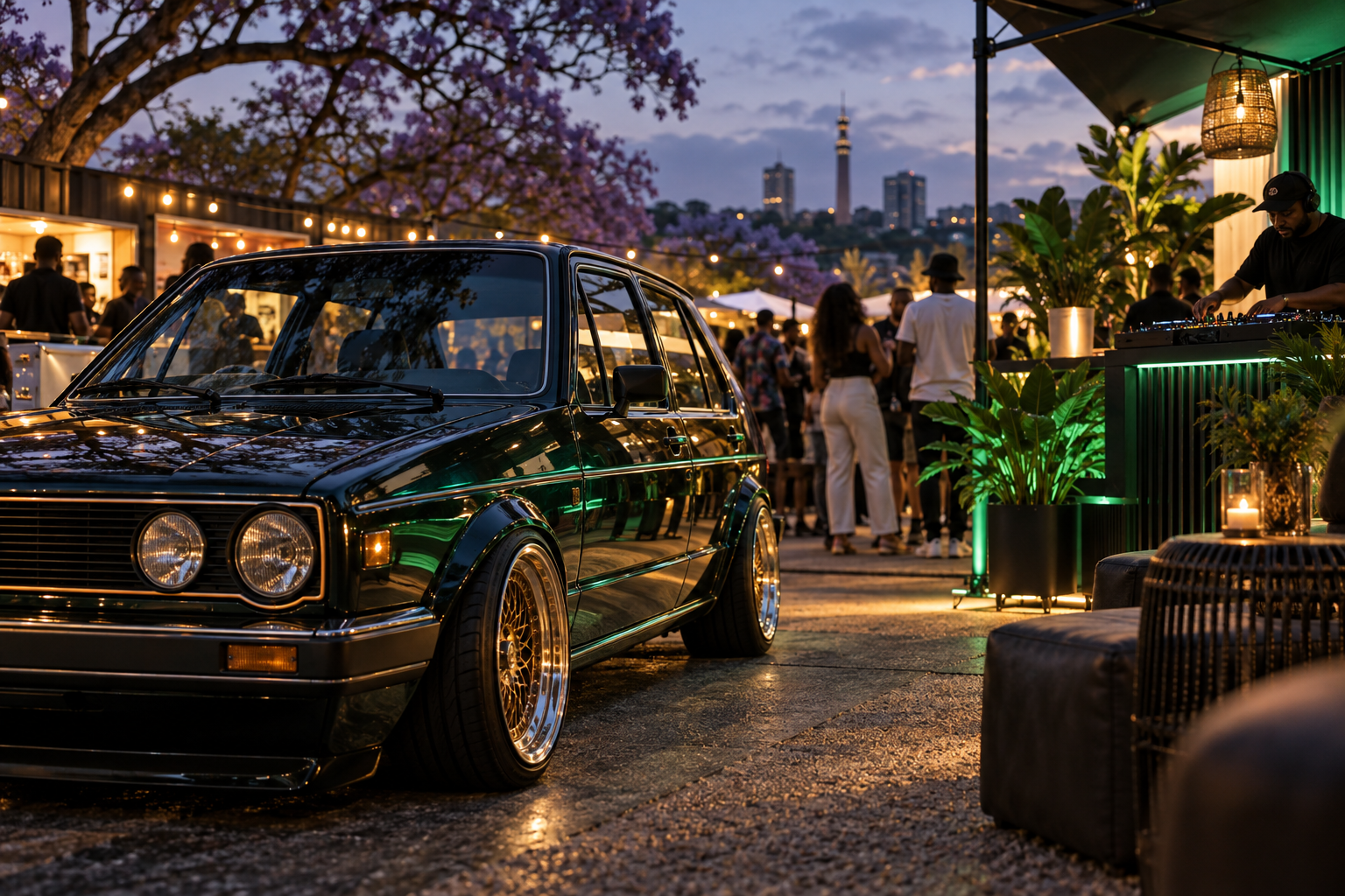 Custom classic car beside a DJ booth at a Pretoria evening gathering